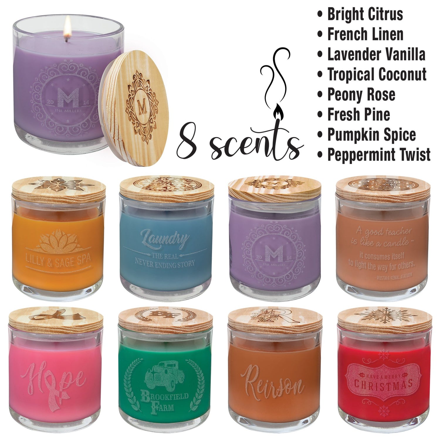 14 oz. Candle in a Glass Holder with Wood Lid - Everlasting Etchings, LLC